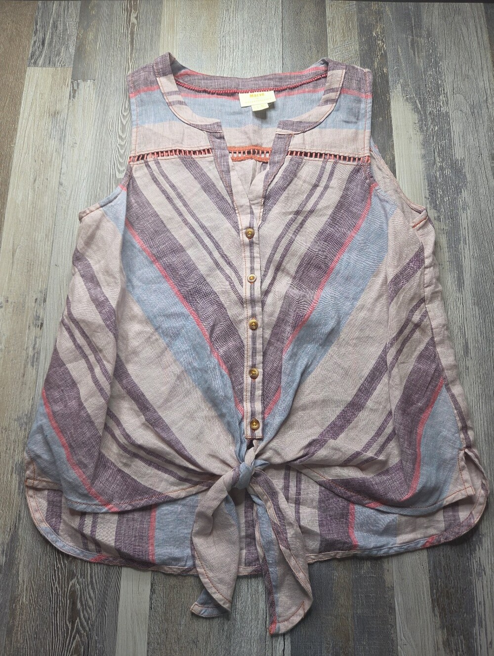 Maeve By Anthro 100% Linen Sleeveless Tie Front Blouse Purple Plaid Size 10